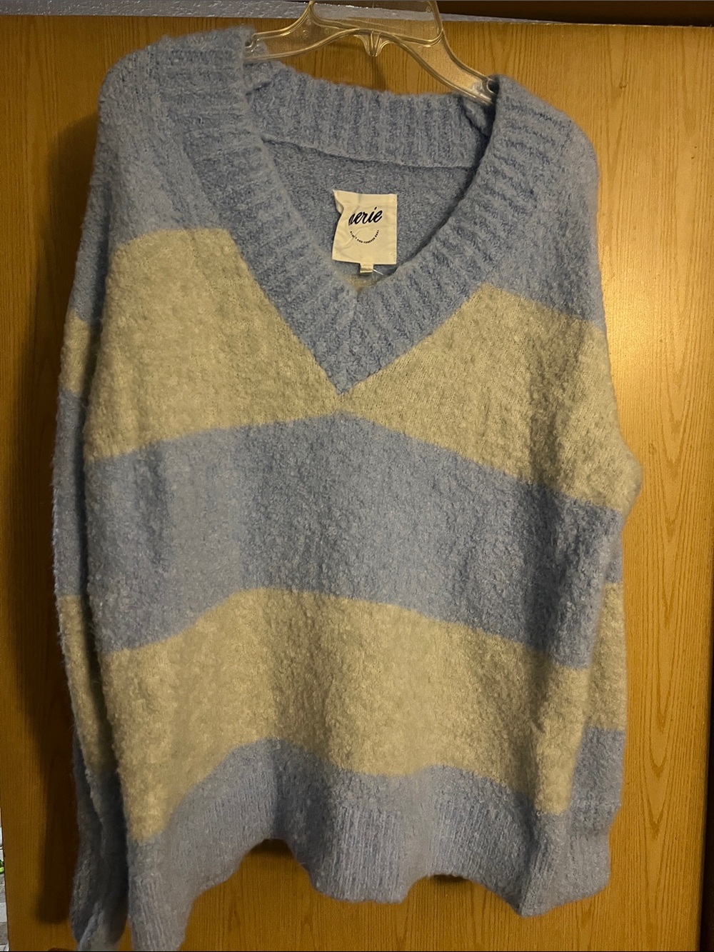 aerie Striped V-Neck Fuzzy Sweater in Light Blue & Cream